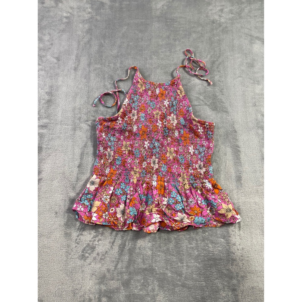 Patrons of Peace Pink Floral Smocked Halter Top Peplum Blouse Medium J1604F03